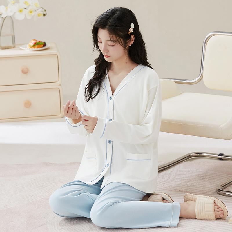 マタニティウェア レディース 産後 授乳 パジャマ 綿100% ルームウェア 上下セット 長袖 長ズボン 春秋冬 無地 シンプル 部屋着 寝巻き 入院着 M L XL 2XL 3XL