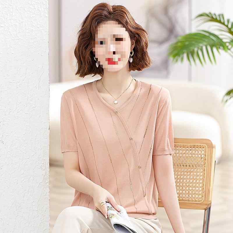 Tシャツ レディース 接触冷感 ニット トップス 半袖 Vネック 薄手 ゆったり ミセス シニア向け 杏色 紫 黄色 緑 中国風 文芸復古 エレガント