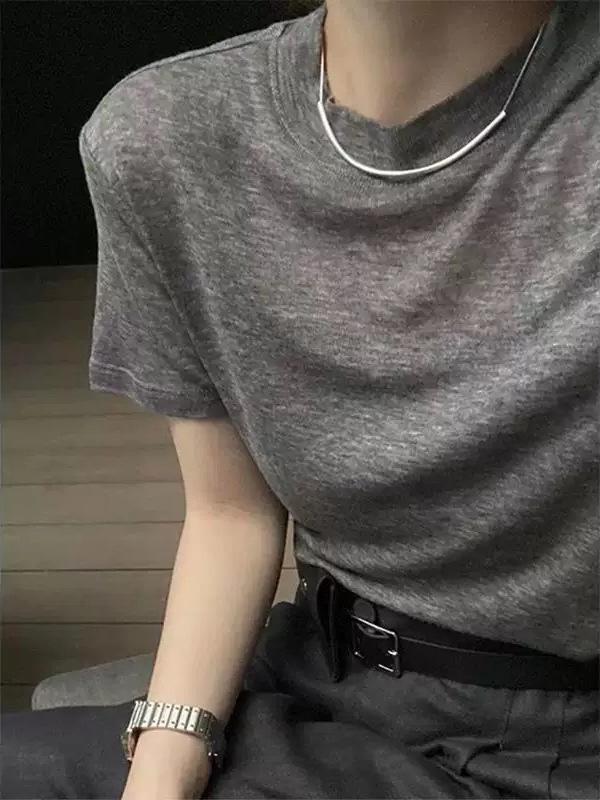 Tシャツ レディース 薄手 接触冷感 ニット 半袖 トップス ラウンドネック 羊毛混紡 無地 ゆったり 通勤 グレー ブラック