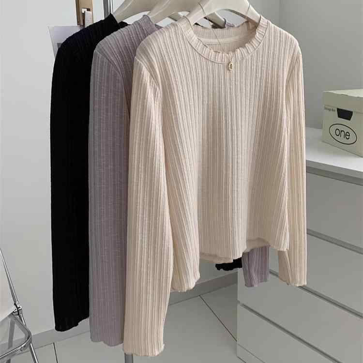 Tシャツ レディース 無地 長袖 トップス カットソー ニット 通勤着 普段使い ポリエステル 丸首 ランダムリブ メロウフリル M L