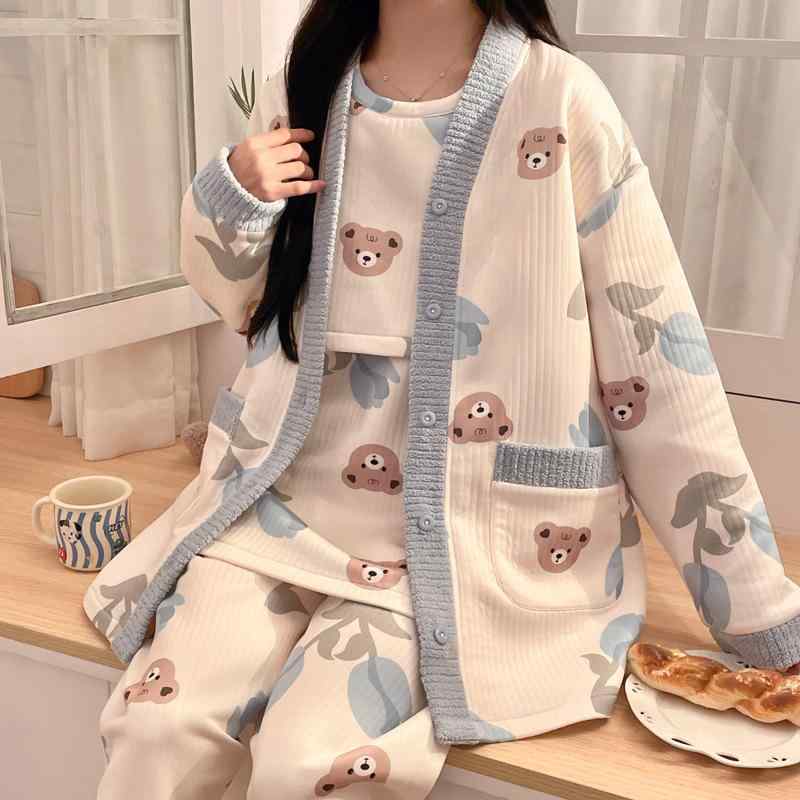 マタニティウェア レディース 3点セット 春秋冬 授乳服 産後 パジャマ 妊婦 部屋着 ポリエステル ブルー ピンク 小熊 ウサギ クマ