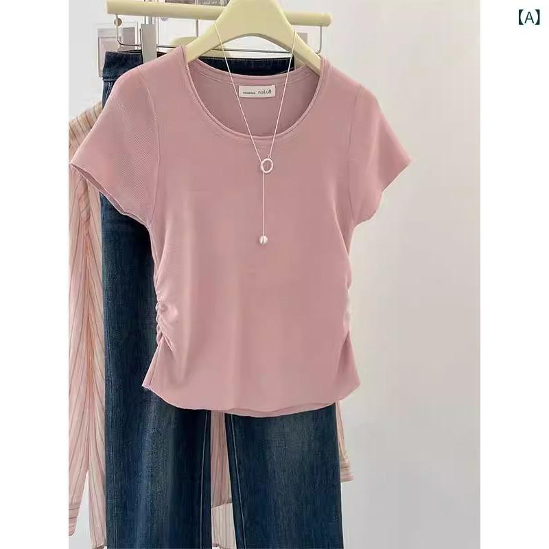 Tシャツ レディース 半袖 接触冷感 ニット トップス 深灰色 小柄 細見え ショート丈 パフスリーブ サマー 御姐