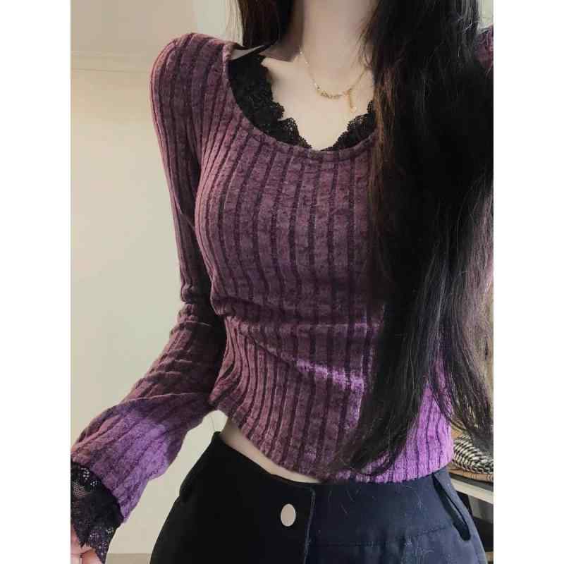 Tシャツ レディース 秋冬 レース 切り替え 無地 ニット トップス 長袖 スリムフィット 細見え ラウンドネック 普段使い 通勤 オフィス ポリエステル 紫色 杏色