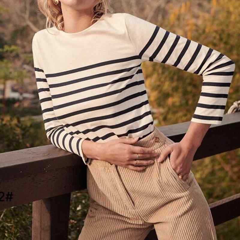 Tシャツ レディース 春物 長袖 ストライプ柄 スリムフィット 丸首 コットン ニット カットソー トップス 通勤着 普段使い 黒 白 春秋