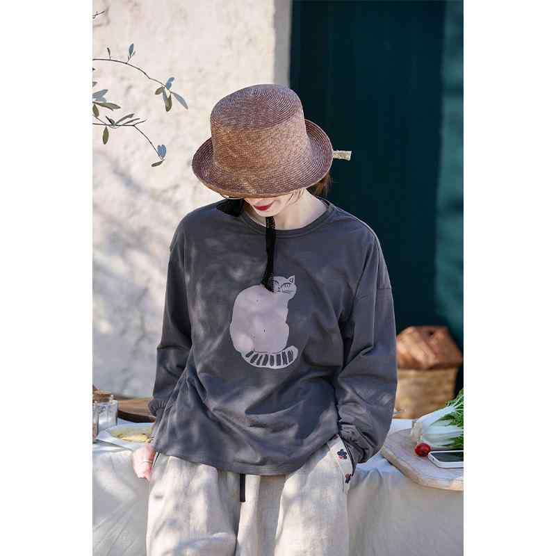 Tシャツ レディース 猫柄 コットン ゆったり ラウンドネック 長袖 トップス 烟灰色 カジュアル かわいい 春夏 秋冬