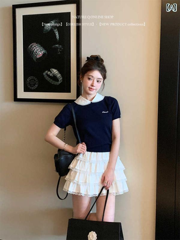 Tシャツ レディース ニット 半袖 学院風 ドッキング トップス 夏 綿 ポリエステル 切り替え 紺色 グレー 黄色 かわいい 清新 甘め