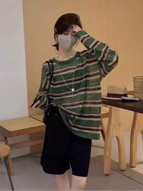 Tシャツ レディース 長袖 ストライプ 切り替え 接触冷感 ニット 薄手 トップス 紫外線対策 冷房対策 普段使い 部屋着 春夏 グリーン系 藏青色 赤色 S M L XL