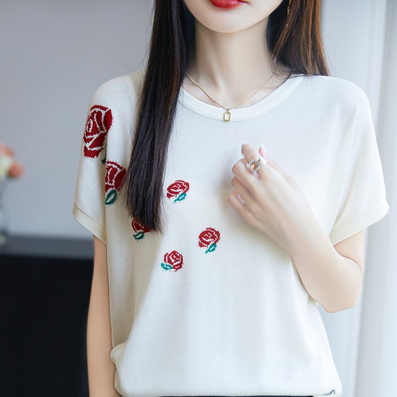 Tシャツ レディース ラウンドネック 半袖 トップス 再生繊維 花柄 ジャカード 提花 ゆったり 通勤 エレガント ミルクホワイト ネイビー