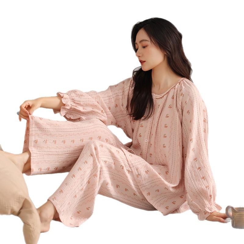 マタニティ パジャマ レディース 含ませる服 秋冬 綿100% 産後 お部屋着 お部屋お召しもの 上下仕掛ける 長袖 長ズボン サクラ色系 ベージュ系 パステル色の 肌に人懐っこい