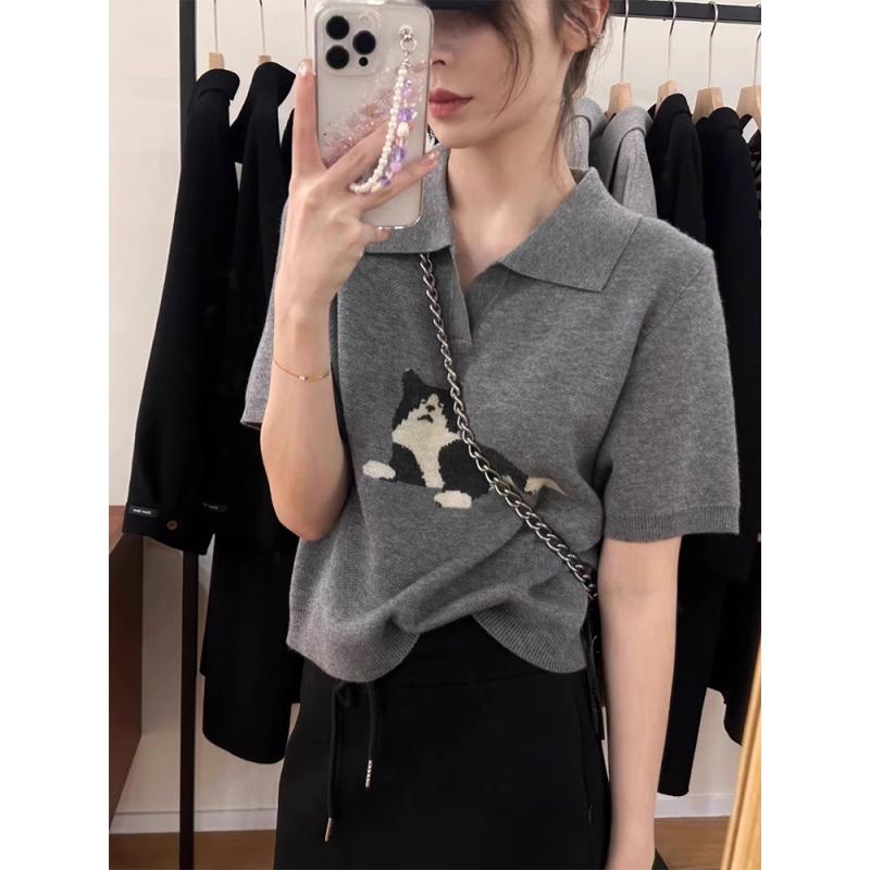 Tシャツ レディース 春夏 半袖 ポロネック 接触冷感 ニット カットソー ショート丈 ゆったり トップス グレー