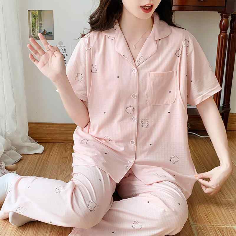 パジャマ レディース 授乳服 半袖 長ズボン 上下セット ラジャー綿 提花 胸パッド付き マタニティウェア 産後 部屋着 ルームウェア L XL 2XL 3XL 4XL ピンク系