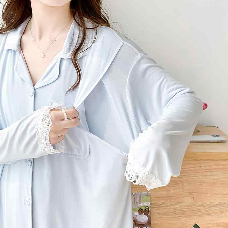 マタニティウェア 授乳服 春夏 産後 モーダル パジャマ ルームウェア 長袖 長ズボン ブルー グリーン ピンク 大きいサイズ ゆったり 部屋着