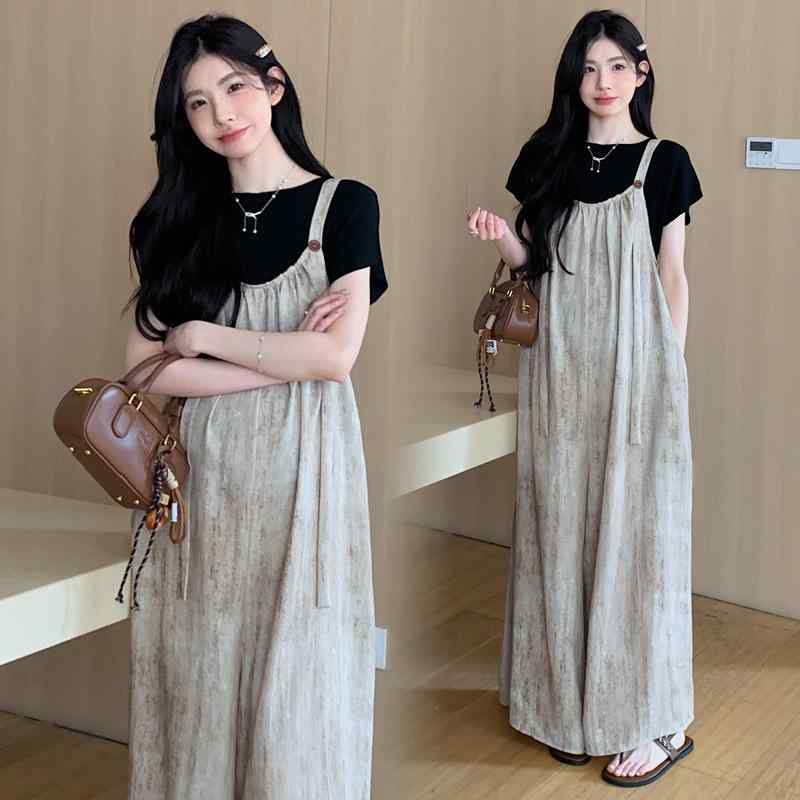 マタニティ レディース サロペット ワイドレッグ 絞り染め デザイン アイスシルク トップス 2点セット 妊婦服 産前 産後 ゆったり 快適 中国風 ブラック系