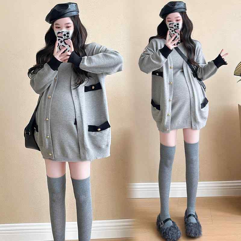 衣裳 レディース マタニティ 編み物 ジレー セットアップ 含ませる服 長袖 綿織物 ゆったり 愛くるしげ ?????? 通い 事務室 普段使い走り 春