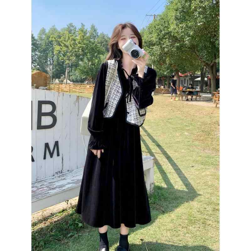 授乳服 レディース 秋冬 長袖 授乳口付き 産後 授乳 ワンピース 金糸ベルベット セットアップ 韓国風 マタニティウェア ロング丈 授乳服 ワンピース M L XL 2XL｜Tanzan