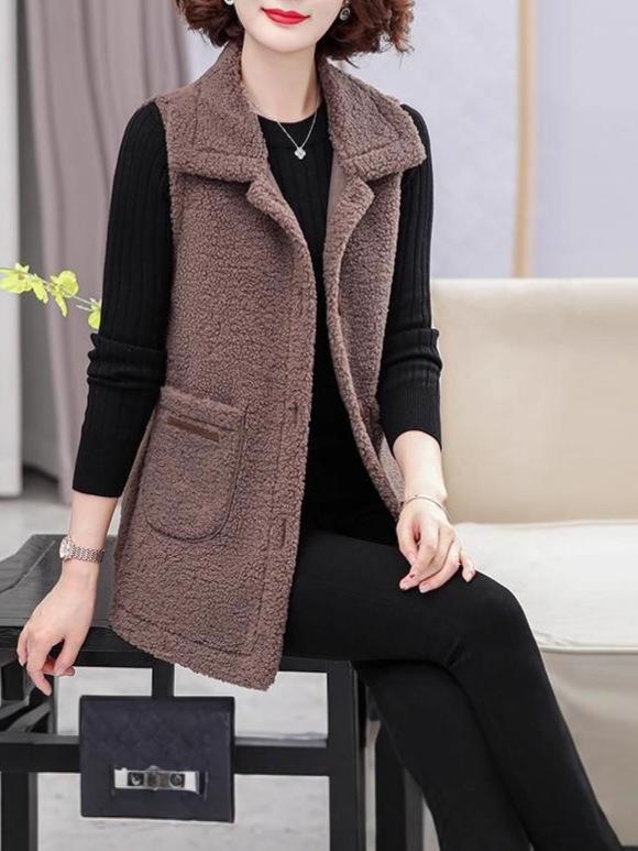 ベスト レディース ミセス 婦人服 秋 アウター フリース ベスト 襟付き ポリエステル あったか 防寒 普段使い ブラウン L XL 2XL 3XL