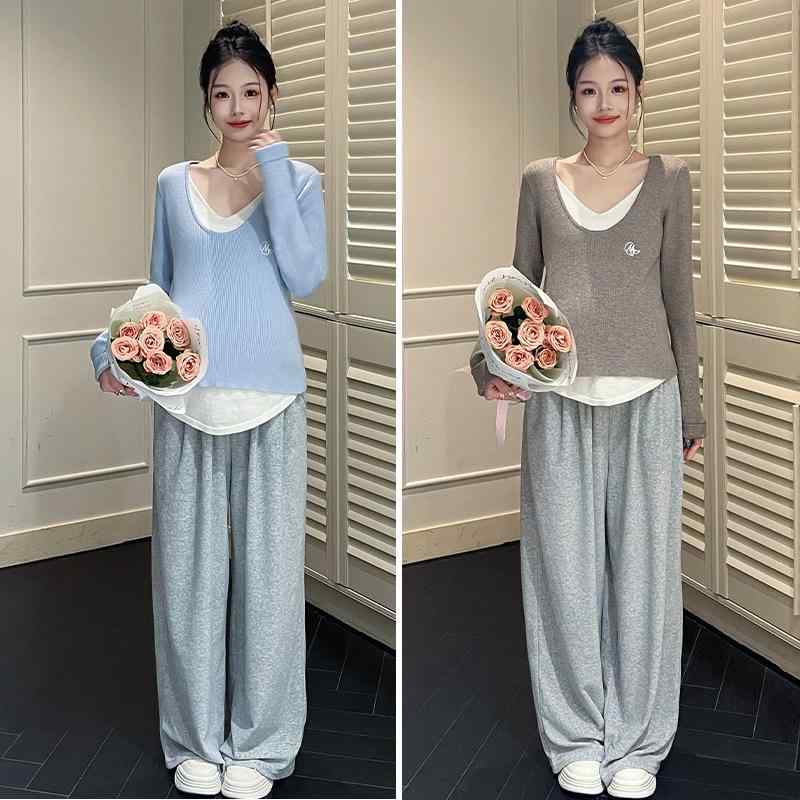 マタニティ ニット トップス 秋冬 Vネック 切り替え 配色 長袖 チュニック 妊婦服 授乳服 おしゃれ かわいい 韓国 ファッション ゆったり 普段使い