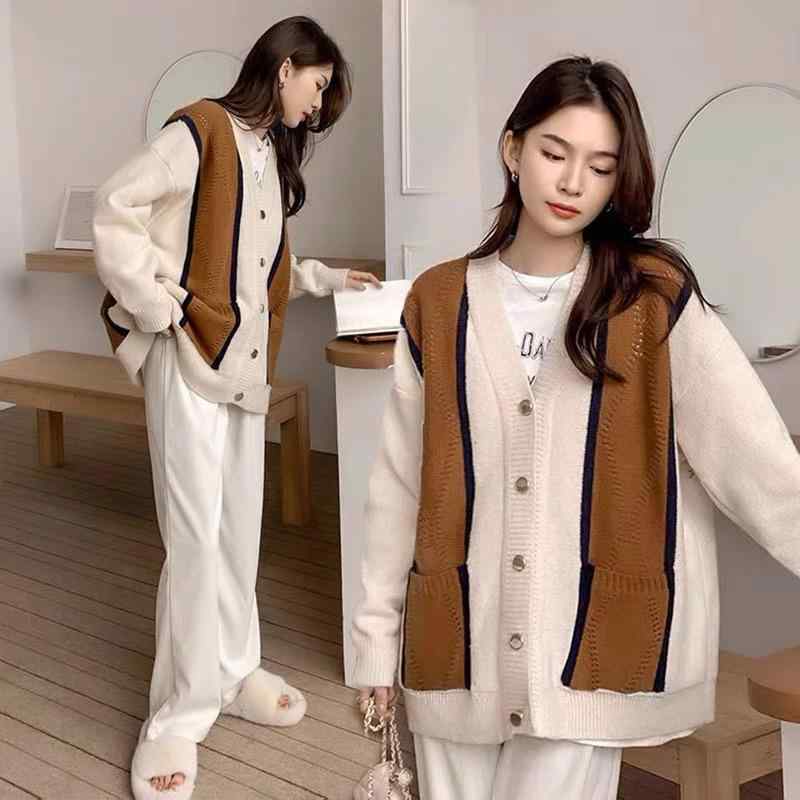 マタニティ ニット セットアップ レディース 秋冬 カーディガン トップス ワイドレッグパンツ 2点セット 妊婦服 婦人服 長袖 無地 丸首 伸縮性 普段使い