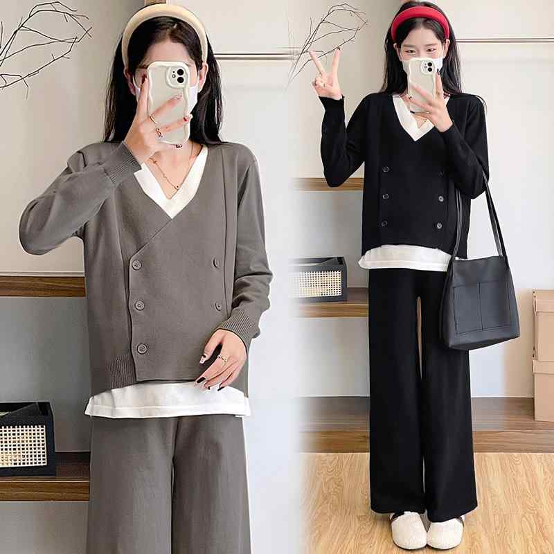 マタニティ ニット セットアップ レディース 秋冬 パンツ 妊婦服 おしゃれ 授乳服 長袖 ズボン 上下 2点セット 綿混紡 ゆったり 部屋着 パジャマ 配色 かわいい グレー ブラック