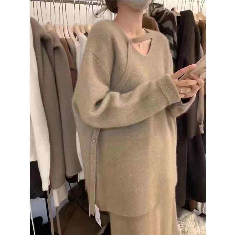 ニット レディース 妊婦服 マタニティ Vネック ゆったり チュニック プルオーバー トップス セーター 秋冬 韓国風 ピンク レッド系 大きいサイズ