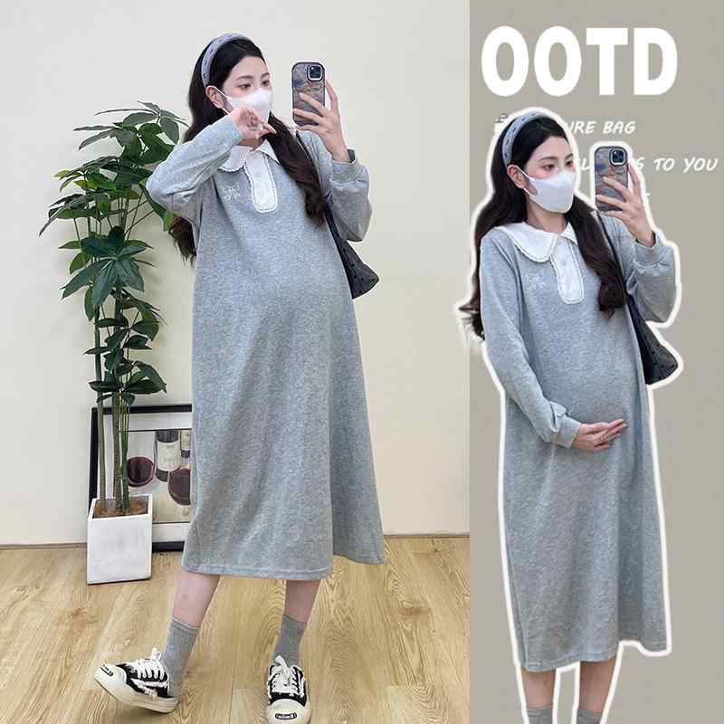 ワンピース レディース マタニティ 妊婦服 授乳服 韓国風 ゆったり 大きめサイズ 体型カバー ドッキング 襟付き 長袖 コットン 混紡 グレー