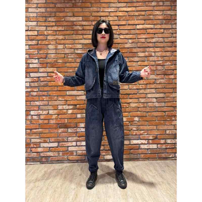 セットアップ レディース デニム フード付き ジャケット トップス パンツ 2点セット M L XL 2XL ゆったりサイズ 春秋 カジュアル 普段使い 部屋着