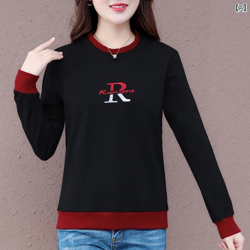 Tシャツ レディース ラウンドネック プルオーバー カジュアル トップス レター 刺繍 配色 切り替え インナー ブラック ブルー ワインレッド M L XL 2XL 3XL 4XL 通勤 超薄手 ポリエステル スエード スポーティー