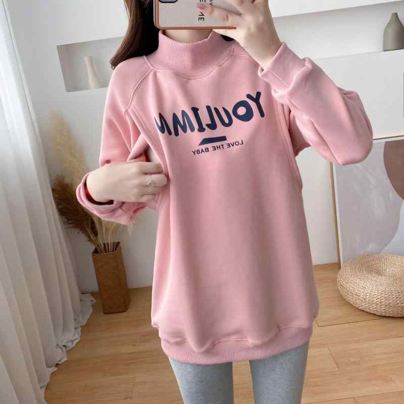 授乳服 レディース 冬用 裏起毛 暖かい ハイネック スウェット シャツ グレー ピンク