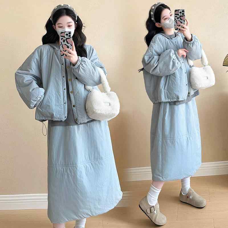 マタニティ セットアップ 秋冬 ファッション ゆったり 厚手 中綿入り アウター 長袖 フード付き トレーナー スカート 妊婦服 ポリエステル M L XL 2XL