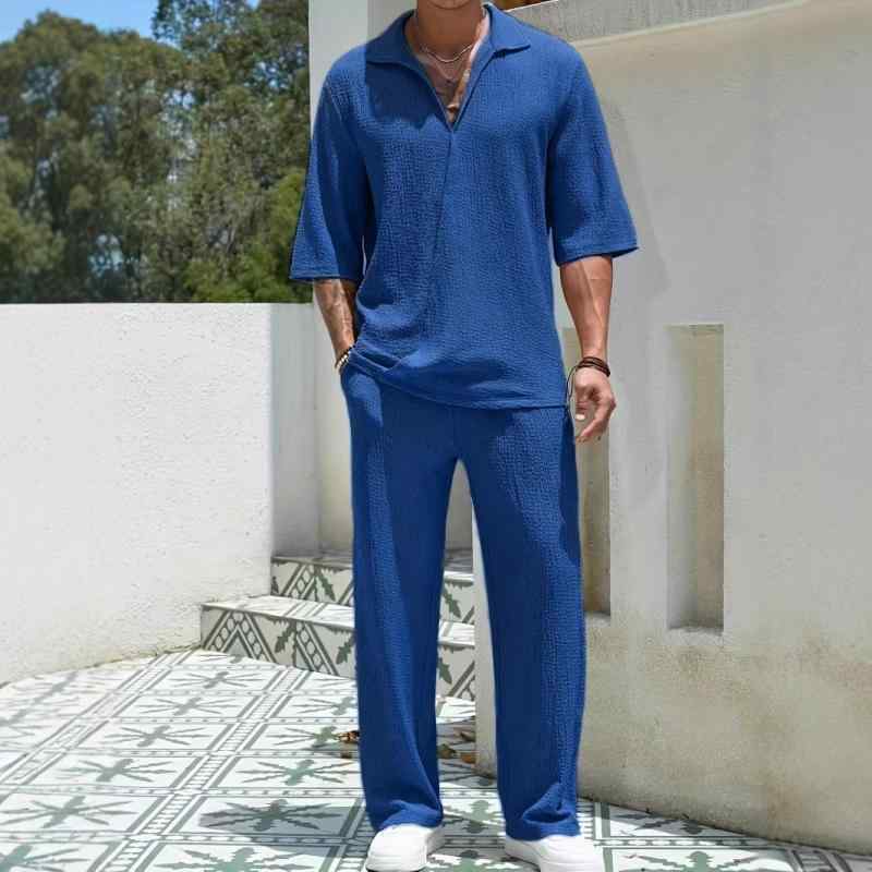 シャツ メンズ 男性用 カジュアル セットアップ 半袖シャツ ロングパンツ 上下セット ポリエステル 無地 春夏 普段使い 部屋着 ブラック ブルー グレー カーキ
