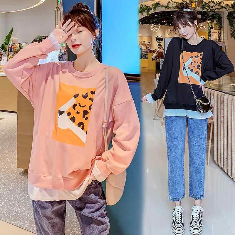 授乳服 レディース マタニティウェア コットン 長袖 トレーナー 産後 授乳口付き ラウンドネック ゆったり L XL XXL XXXL ピンク ブラック