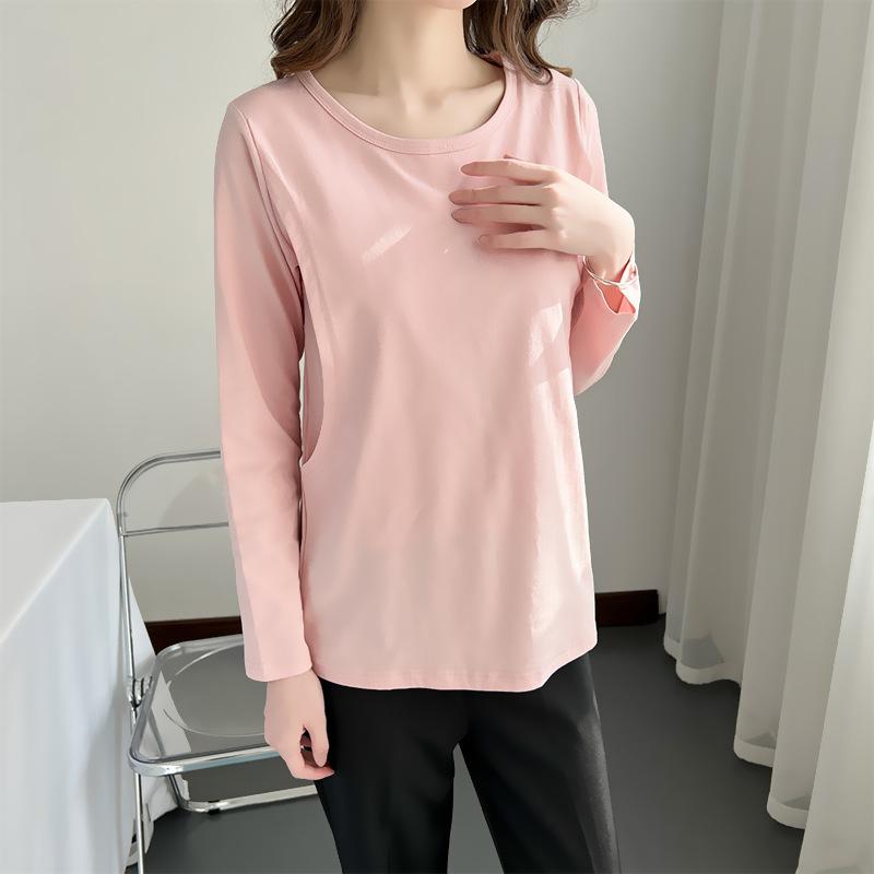 授乳服 レディース ファッション スウェット 春秋 婦人服 産後 長袖 Tシャツ ラウンドネック 綿 ピンク系 グレー ホワイト L XL XXL 3XL マタニティ ウェア カジュアル