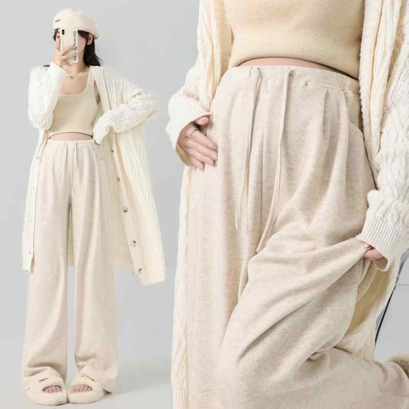 マタニティ パンツ 春秋 薄手 裏起毛 ワイドレッグ 妊婦 ズボン 大きいサイズ 締め付けない ポリエステル 綿 混紡 伸縮性 通気性 ブラック ベージュ グレー