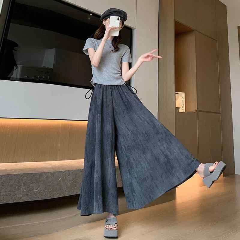 マタニティパンツ 妊婦服 接触冷感 パンツスカート ゆったり ワイドレッグパンツ ズボン ポリエステル 薄手 9分丈 深灰色 カーキ色 快適 普段使い