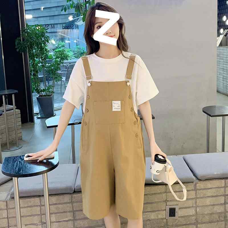 マタニティ サロペット 5分丈 パンツ 薄手 ルーズ カジュアル 吊りズボン アクリル ブラック カーキ ホワイト Tシャツ セット Mサイズ Lサイズ XLサイズ XXLサイズ