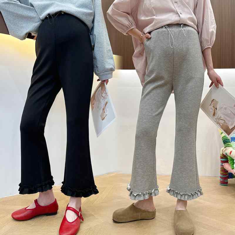 マタニティ パンツ 春夏 腹帯付き 調整可能 ハイウエスト ゆったり 木耳フリル 9分丈 妊婦 産前 産後 グレー 黒