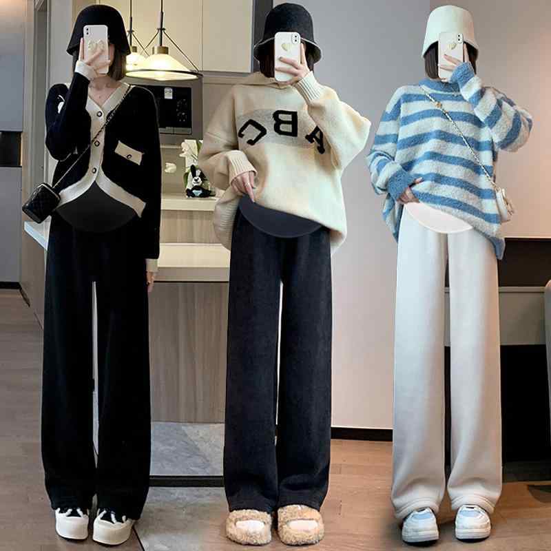 マタニティ パンツ 秋冬 裏起毛 ワイドレッグ ゆったり 大きいサイズ あったか 暖かい 9分丈 ボトムス 妊婦 妊娠 産前 産後 リラックス 部屋着 黒 ブラック グレー アイボリー