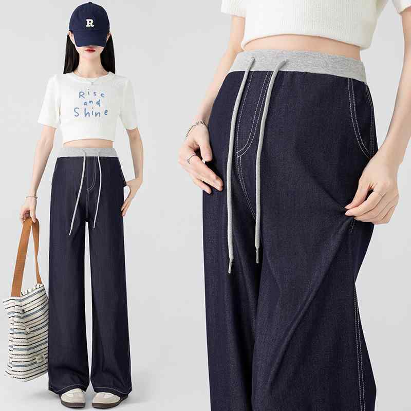 マタニティ デニム パンツ 春夏 接触冷感 テンセル ゆったり 妊婦 ズボン 産前 産後 ウエスト調整 伸縮 ストレッチ ジーンズ ワイド テーパード 黒 ブラック デニムブルー