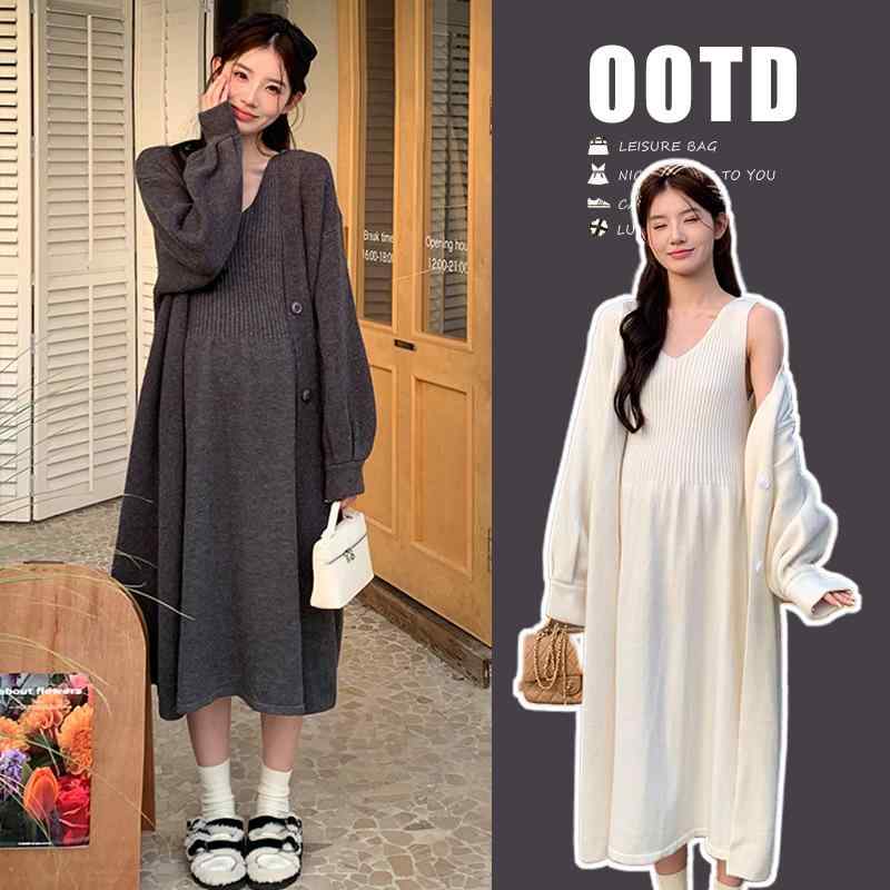 マタニティ ニット カーディガン & キャミソール ワンピース 2点セット 妊婦服 ゆったり 楽ちん 伸縮性 ポリエステル 部屋着 秋冬