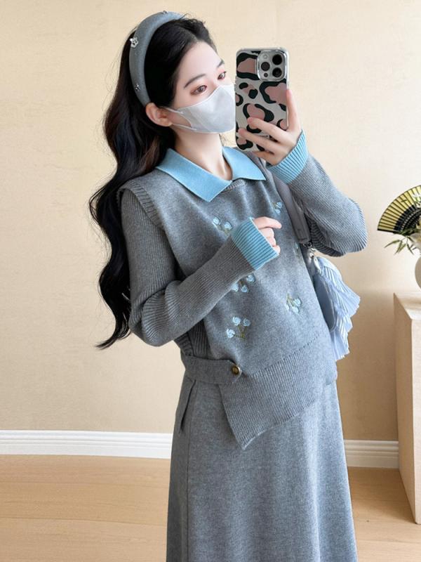 ワンピース マタニティ 秋冬 ニット セットアップ 授乳服 チュニック 長袖 産前 産後 ゆったり 楽ちん おしゃれ かわいい グレー ブラック レッド ブルー