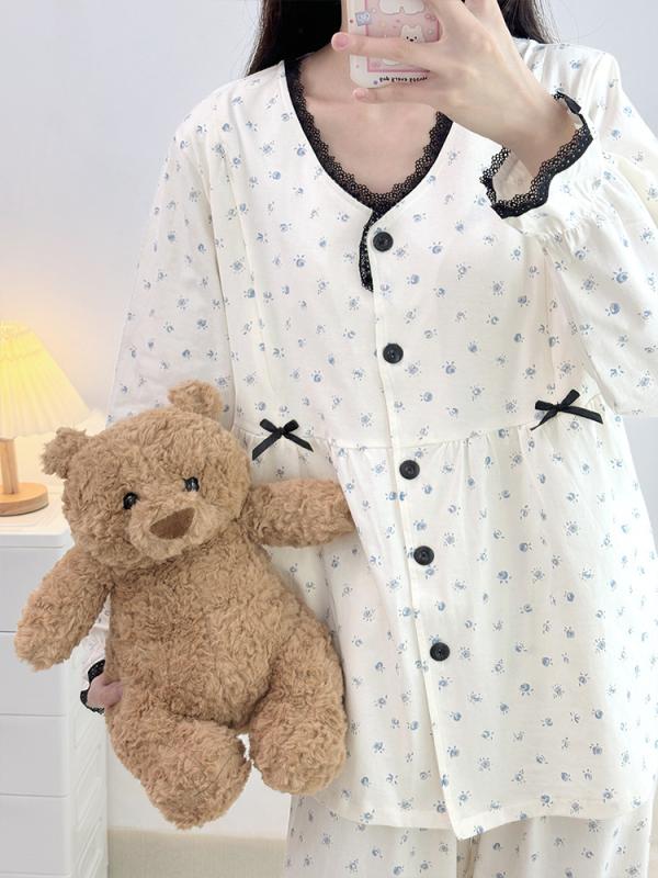 マタニティウェア 春夏 長袖 授乳服 パジャマ 上下セット 綿100％ 産後 授乳口付き ルームウェア 部屋着 婦人服 コットン かわいい 花柄 杏色