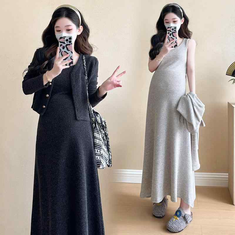 マタニティウェア セットアップ 春秋 ニットカーディガン キャミソールワンピース 2点セット 授乳服 妊婦服 コットン 伸縮性 体型カバー ゆったり 普段使い 韓国風 おしゃれ