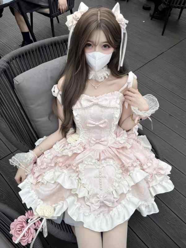 ワンピース レディース ロリータ ゴシック 蝶結び ブルー ピンク Aライン 高腰 ノースリーブ ミニワンピース 膝上丈 チュール レース TR素材 文芸復古 中国風 ドレスタオル付き｜Tanzan