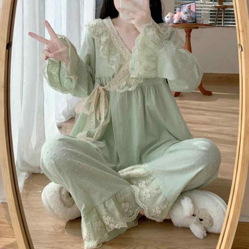 パジャマ レディース 秋 春 長袖 セットアップ プリンセス風 かわいい ルームウェア 部屋着 寝間着 コットン Vネック 快適 睡眠 浴衣 ホテル 婚活 ブライダル 春秋冬 ピンク系 グリーン