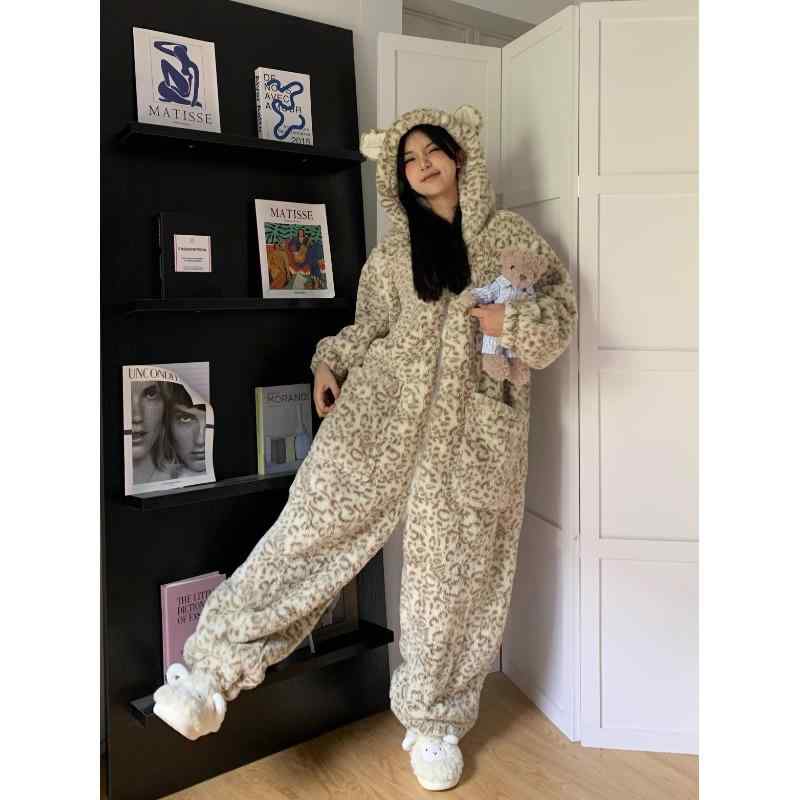 パジャマ レディース 秋冬 豹柄 かわいい ルームウェア 女性用 珊瑚フリース あったか 厚手 ふわふわ 連体服 部屋着 寝巻き 寝間着