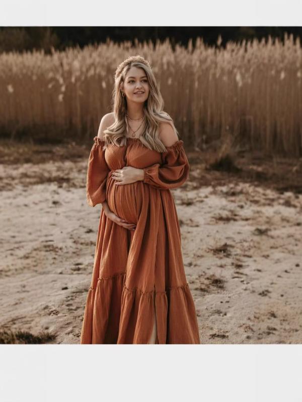 ワンピース レディース マタニティ ロング丈 Ａライン ギャザー 接触冷感 ポリエステル 授乳服 無地 肩出し オレンジ系 キュート エレガント