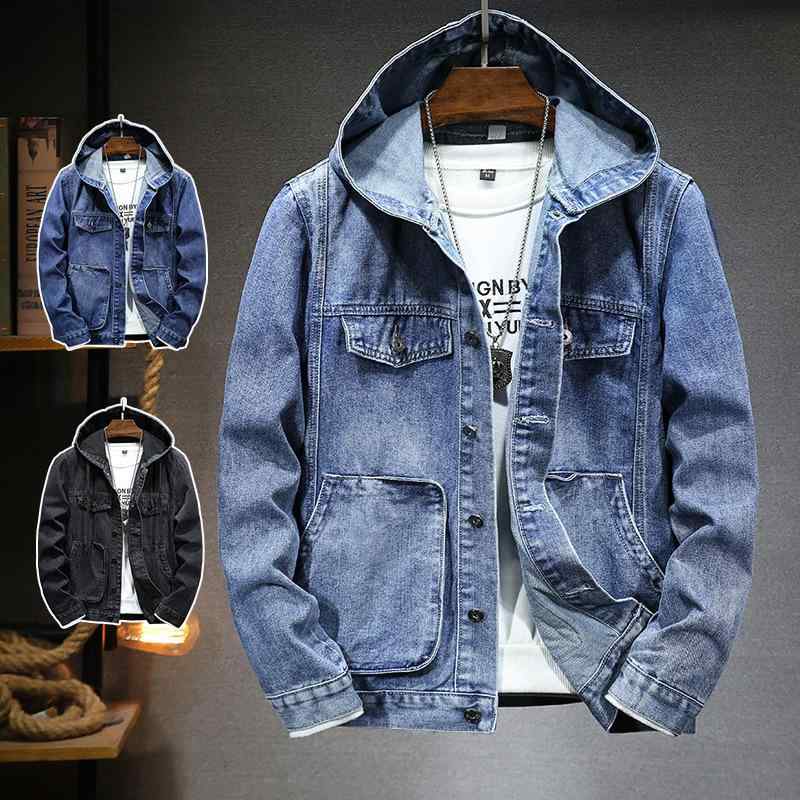 ジャケット メンズ 男性用 ブルゾン デニム 防風 フード付き M L XL 2XL 3XL 4XL 春秋 カジュアル ストリート 浅ブルー 深ブルー ブラック｜Tanzan