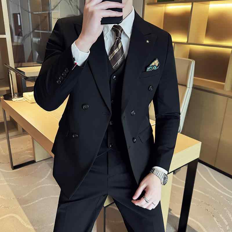 スーツ メンズ 男性用 ダブルブレスト ビジネス カジュアル フォーマル 結婚式 二次会 パーティー スリーピース ポリエステル 粘性繊維 耐摩耗性 ブラック 黒 グレー ネイビー 紺 春夏 秋冬|Tanzan