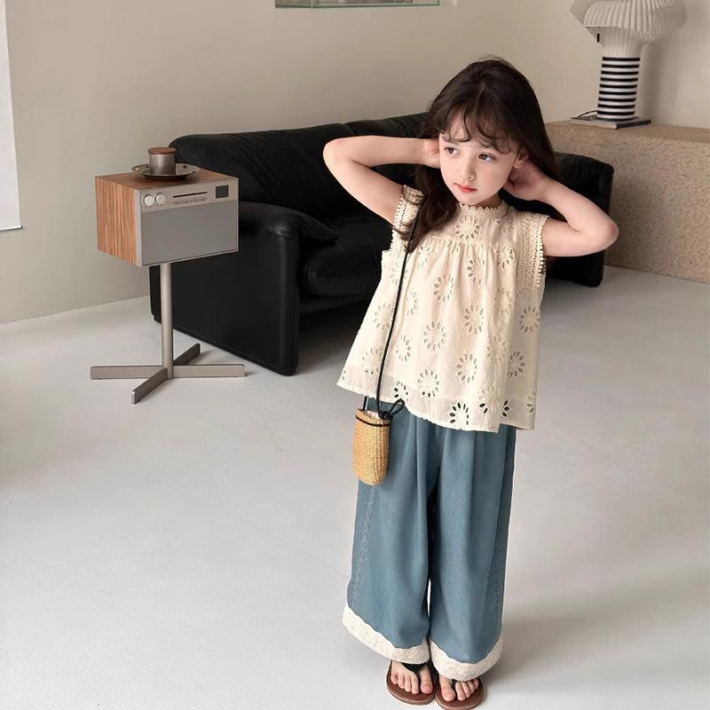 子供服 女の子 レース ノースリーブ トップス 森ガール かわいい 刺繍 デザイン タンクトップ カットソー 綿100% 夏 リゾート