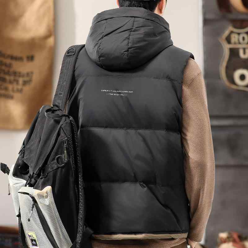 ダウンベスト 男性用 フード付き ライトアウター 防寒着 綿 コーデュロイ ブラック ベージュ カーキ